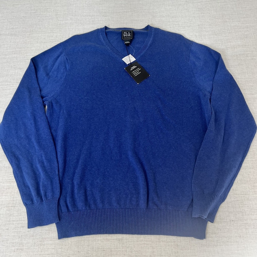 Jos A Bank Traveler Mens Large Navy Blue 100% Pima Cotton V-Neck Sweater NEW